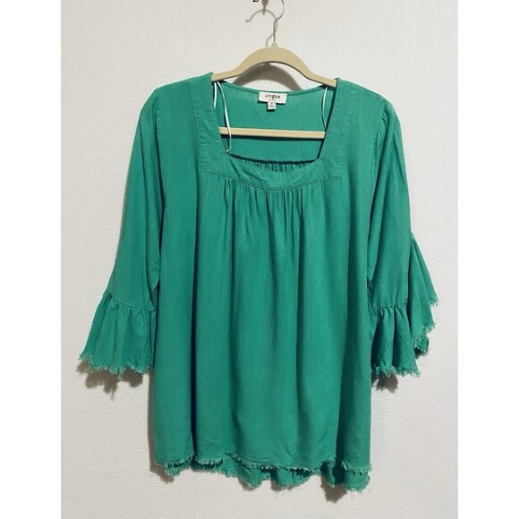 Umgee Top Womens Medium Bright Green Ruffle Bell Sleeve Linen Blend Fringe Hem - Picture 2 of 9